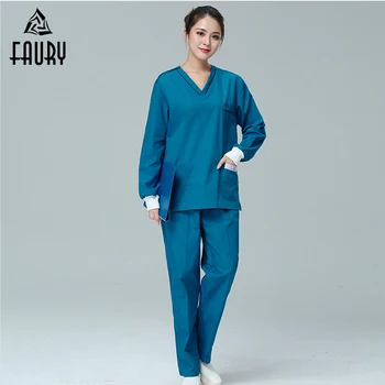 

2018 Nurse Uniforms Women Men Medical Nursing Scrubs Clothes Long Sleeve Surgical Gowns Doctor Dental Beauty blue V-collar