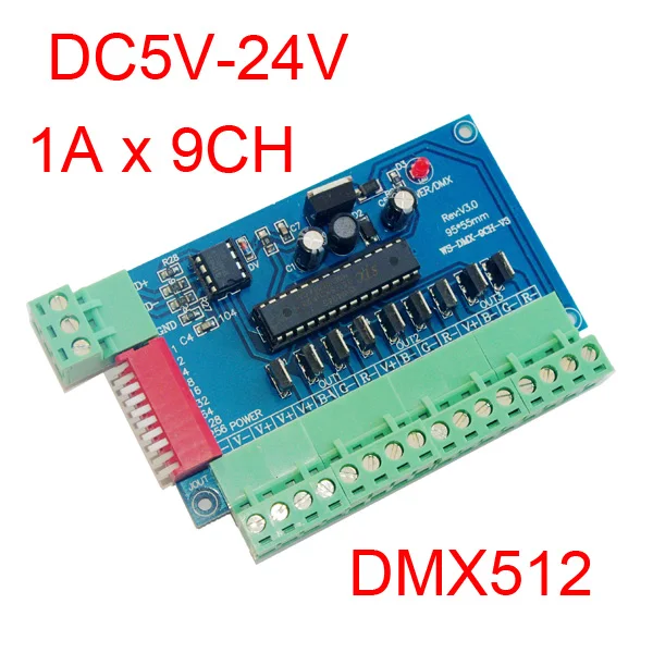 

Easy 9 channel DMX512 RGB controller 3groups RGB 9CH DMX512 decoder DC5-24V input each channel max 3A