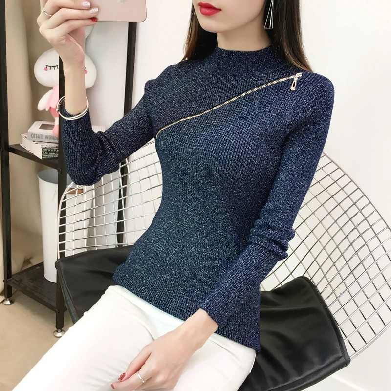 Shiny Lurex Half Turtleneck Women Sweater And Pullover Zipper Basic Sweaters Autumn Winter Korean Solid Knit Tops Jumper Femme