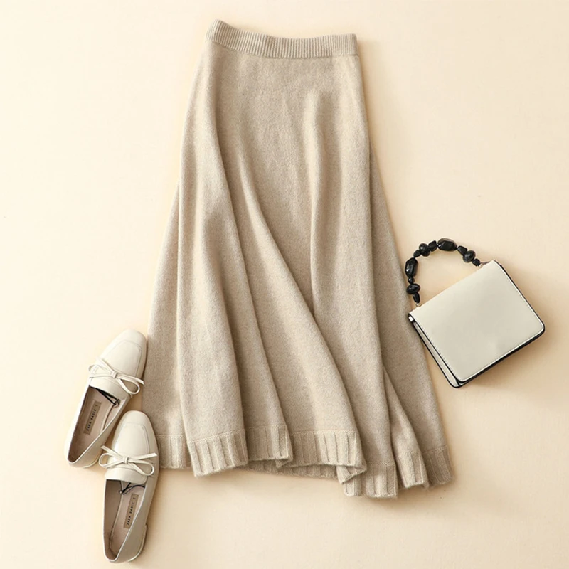 

New Arrival Thick Mid-calf Sweater Skirt Women Autumn Winter 100% Cashmere Skirt Long Knit Female Bottoms Casual Swing Skirt
