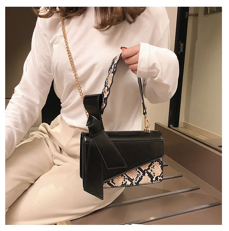Women Handbag Snake Print Crossbody Bag 2019 New Elegant Bow Satchel Shoulder Tote Fashion Designer Khaki Black White Hand Bags (10)
