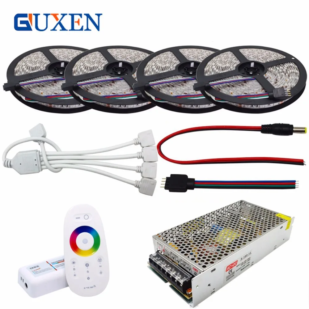 

GUXEN 4*5M RGB LED Strip SMD5050 Flexible Light DC12V 60Led/m Strip Lamp+2.4G RGB Led Controller+12V 20A Power Adapter Supply