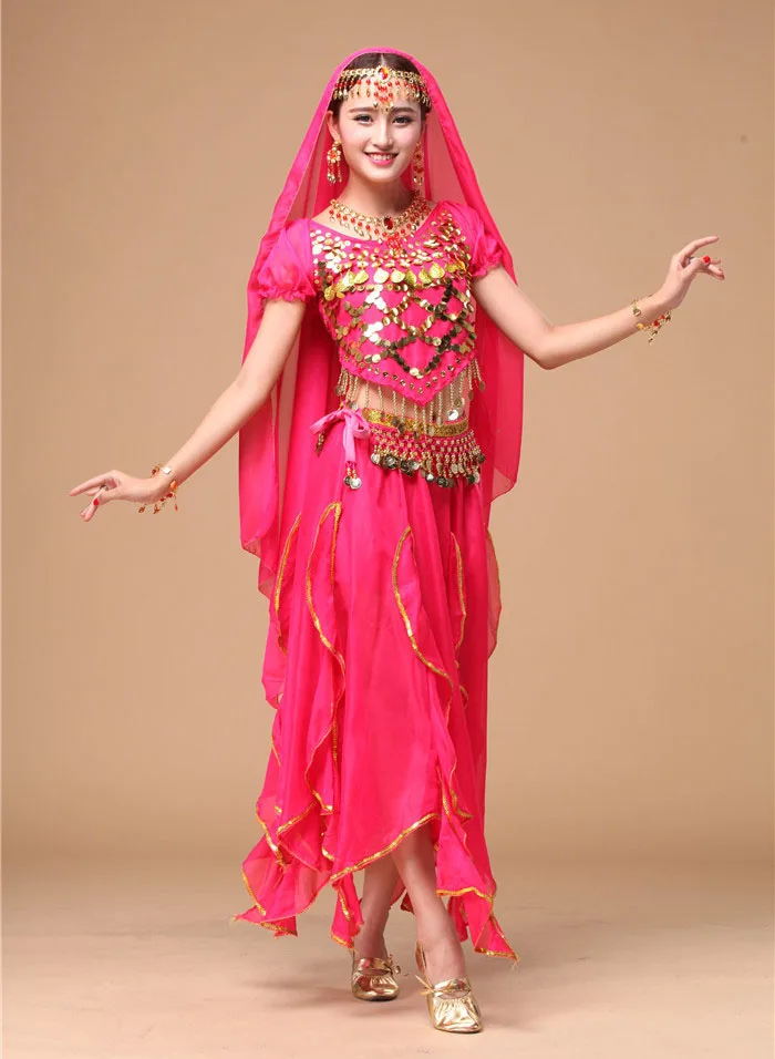 Брючные костюмы, топ и юбка, цепочка на тялию, пояс, и накидка на Headchain& костюм с вуалью для индийских танцев индийская одежда танцовщицы 5 шт./компл