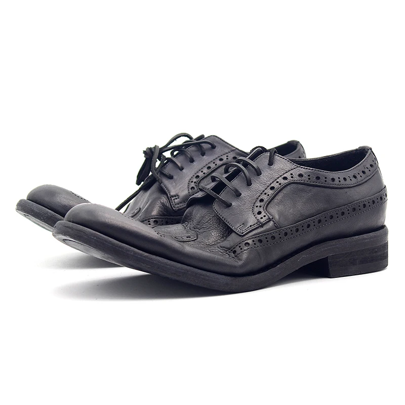Goodyear Brogue Carved Leather Shoes Flat heel Handmade Mens Oxfords Lace up Mens Formal Business Shoes