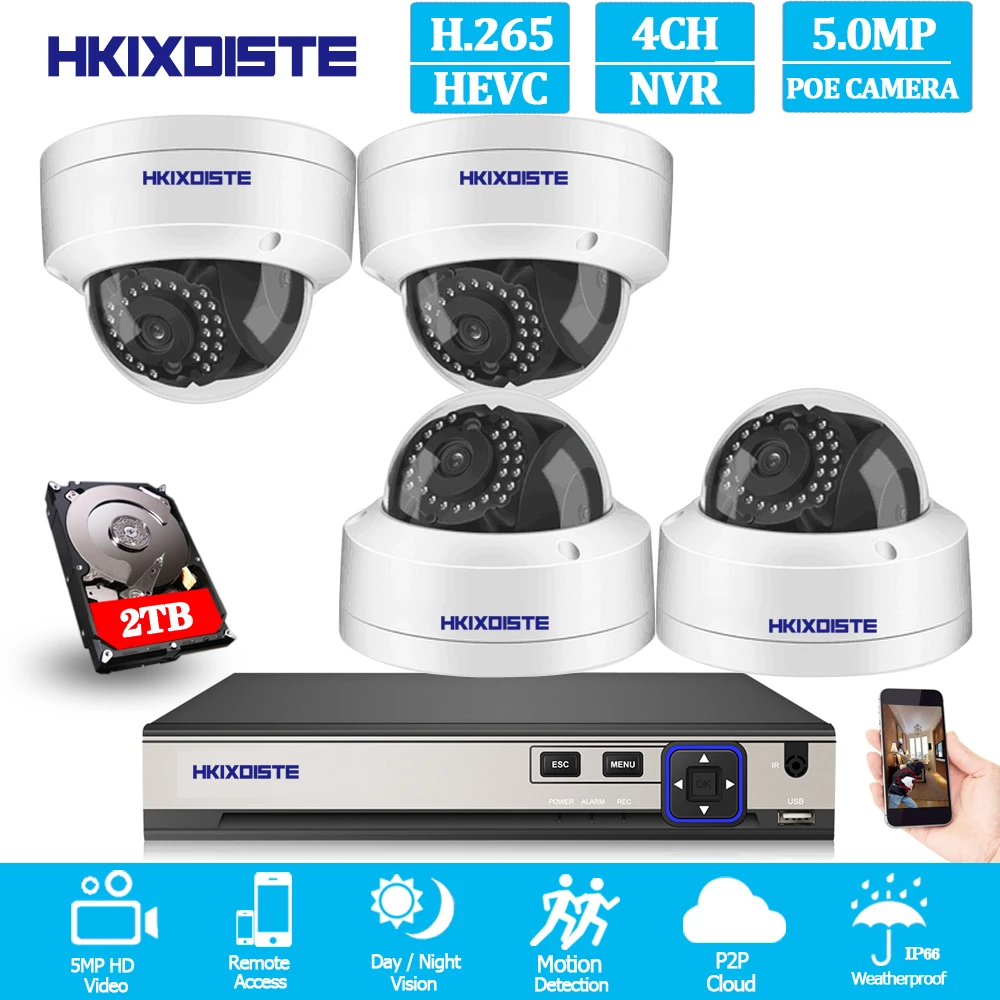 

Explosion-Proof Dome POE IP Waterproof Camera H.265 CCTV System 4CH 5MP POE NVR HD Video Day/Night Vision Surveillance kit