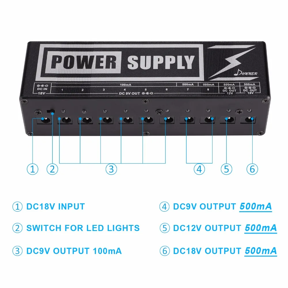 Donner DP-2 изолированные гитарные педали питания высокий ток 10 DC Кабели выход для 9 В/12 В/18 в педаль эффектов США/Великобритания/ЕС Plug Caple