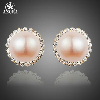 

AZORA Gold Color Stellux Austrian Crystal Paved With Small Cute Round Imitation Pearl Stud Earrings for Women TE0211