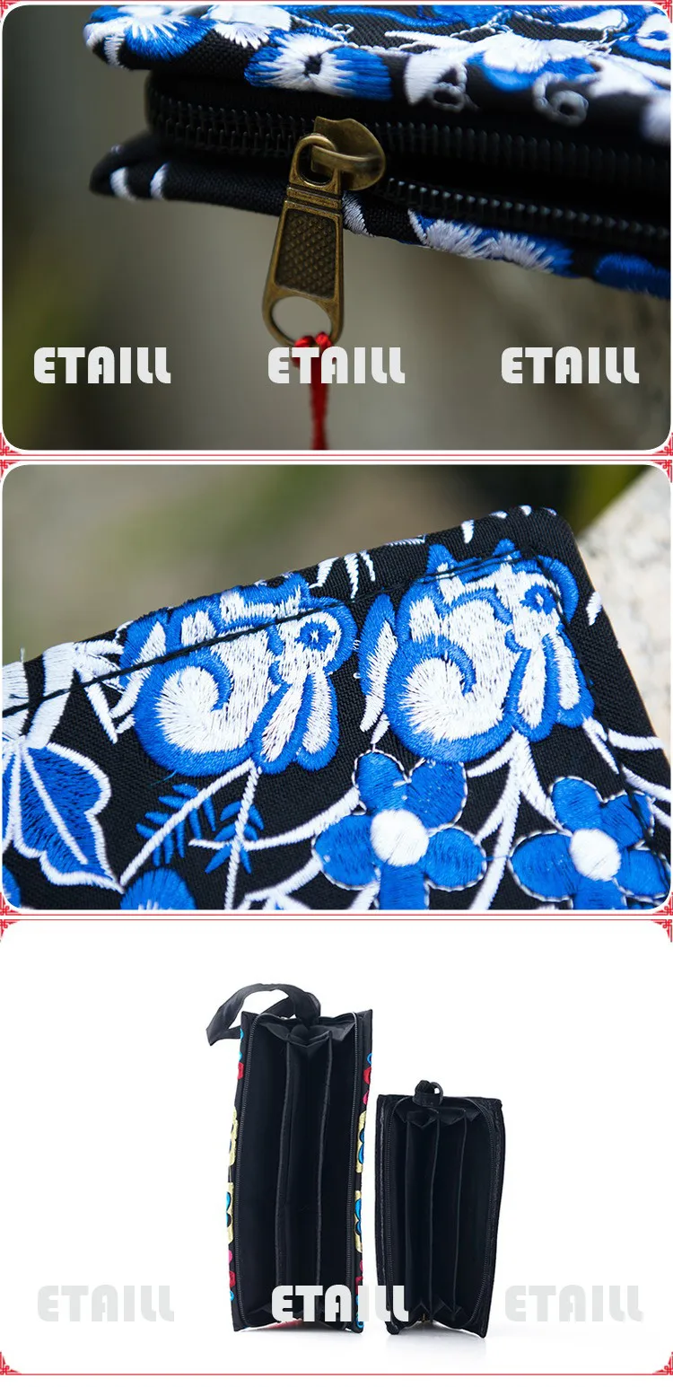 Большой Вместительный вышитый кошелек, сумочка ручной работы в стиле бохо с этническими цветами, женский длинный Национальный кошелек дневного сцепления