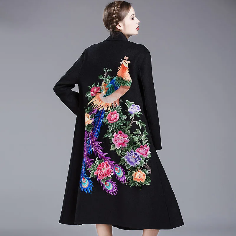 High-end herfst winter trenchcoats voor vrouwen puls grootte vintage Elegante wollen borduren bloemen warm overjas vrouwelijke L-XXXL