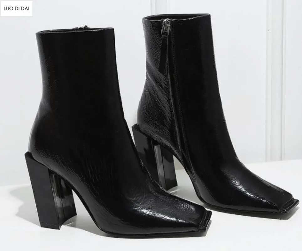 

2018 new women black leather boots square toe booties zip up botas chunky heel boots ladies dress shoes gladiator mujer botas