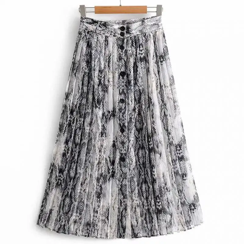 Новые женские юбки модные, пикантные принт змеиной кожи Harajuku Средний длинная куртка с секциями миди юбка женская пуговицы Высокая Талия плиссированная юбка