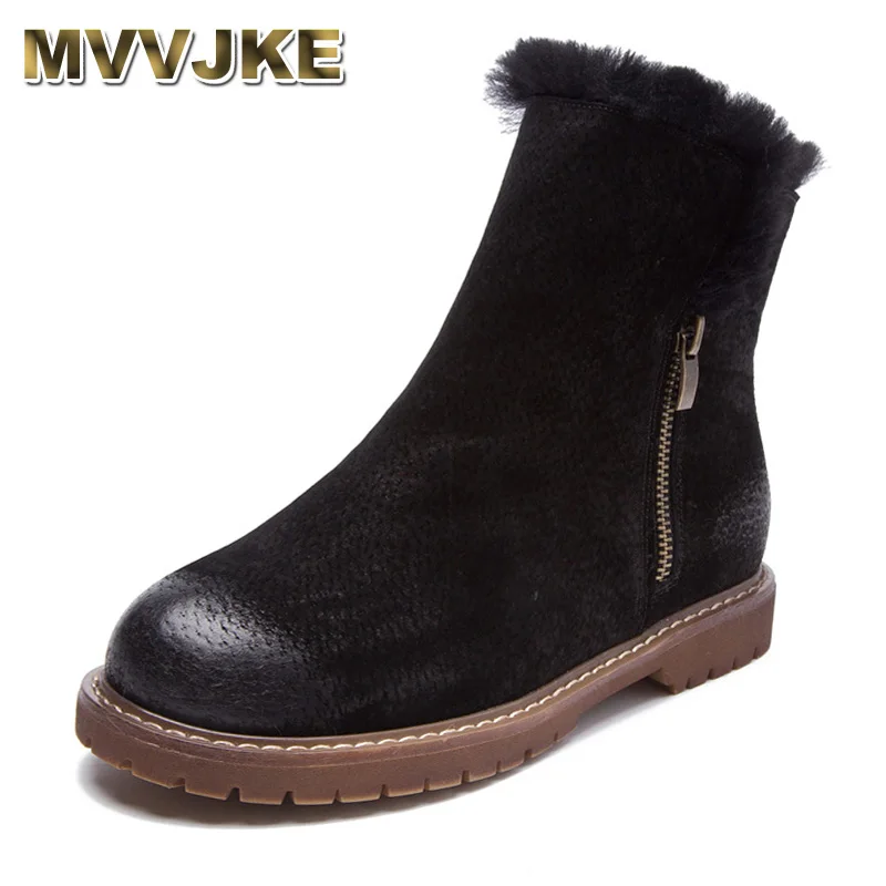

MVVJKE Women Winter Boots New Arrival Genuine Leather Snow Boots Pig Suede Plush Cashmere Warm Ankle Boots Casual Flats Shoes