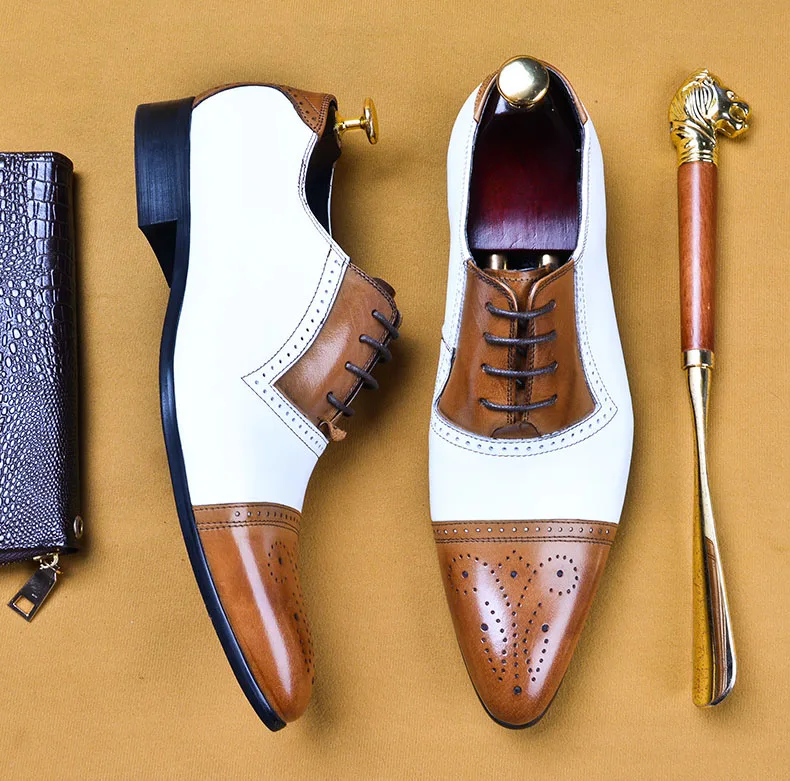 QYFCIOUFU Two-color Stitching Men's Oxford Dress Shoes 2019 Genuine Leather Male Shoe Lace-up Wedding Office Formal Brogue Shoes