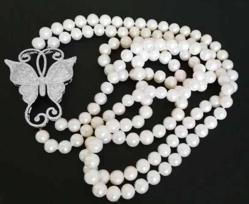 

butterfly style natural 7-8mm Akoya white pearl necklace 22-24inch (9.13)