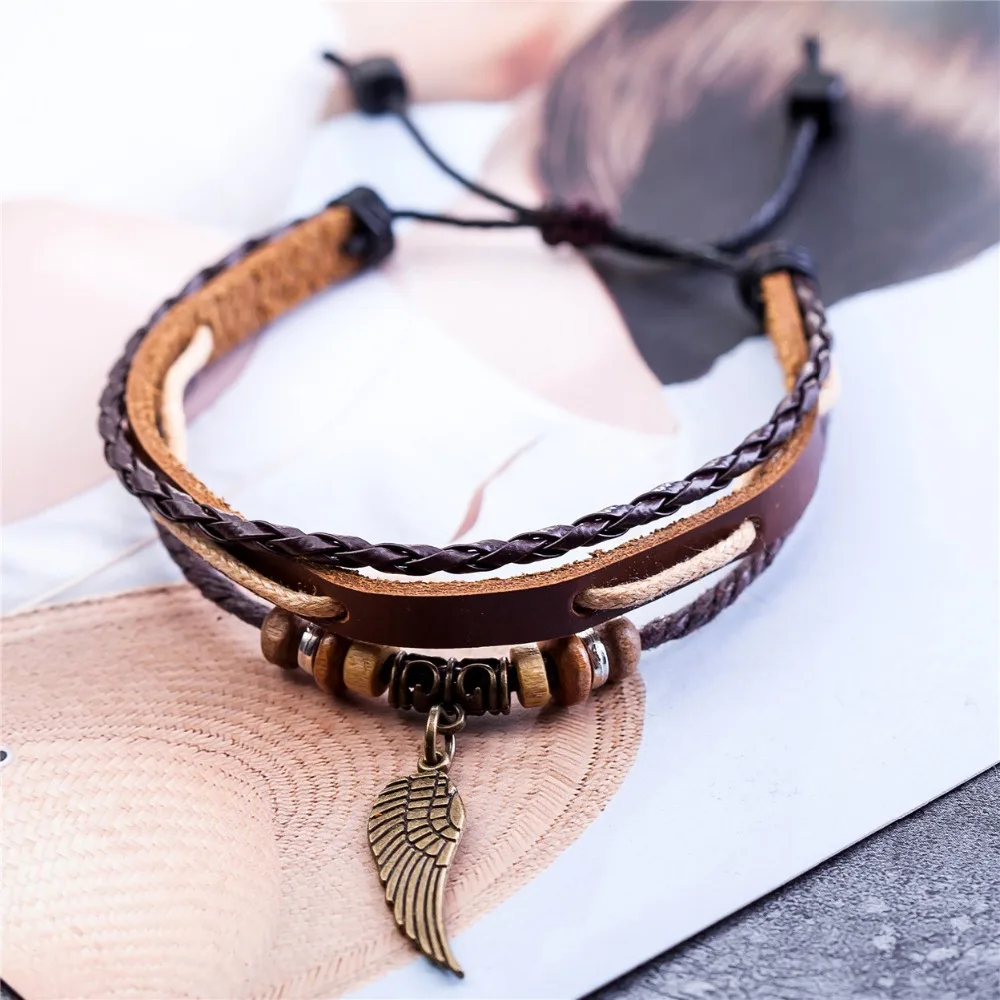 Leather Bracelets for Women Men Jewelry Handmade Wing Charm leather bracelets