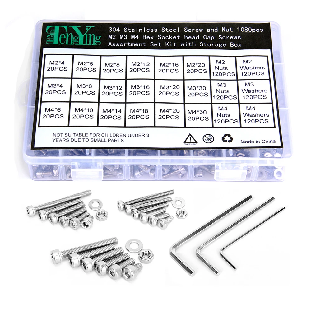 1080pcs M2 M3 M4 Hex Socket Screws Stainless Steel Button Head Bolts Nuts Assortment Kit Set With Strong Anti-oxidation Ability