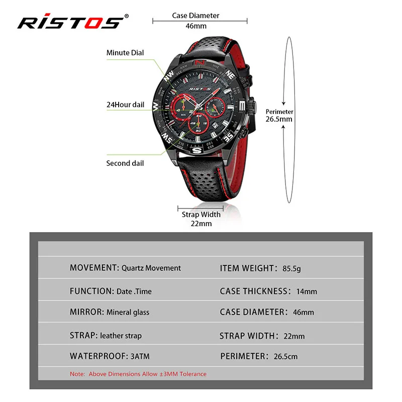 RISTOS, мужские спортивные часы с хронографом, кварцевые повседневные наручные часы из натуральной кожи, мужские часы 93002