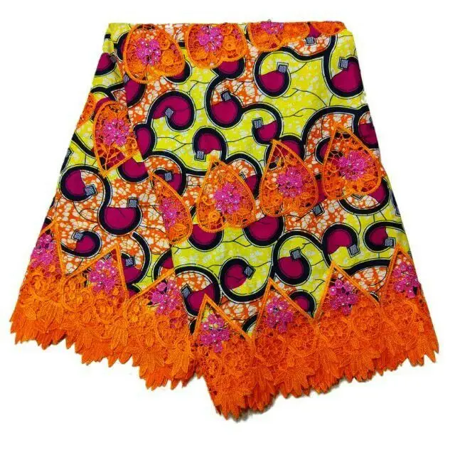

6Y/pc Beautiful nuts design Hollandais printed wax yellow Nigerian Super wax with beads and african orange cord lace LBL7-5