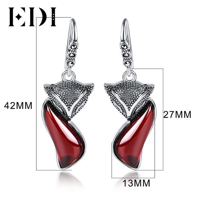 EDI Fox Animal Garnet 100% 925 Sterling Silver Drop Earrings For Women Trendy Jewelry