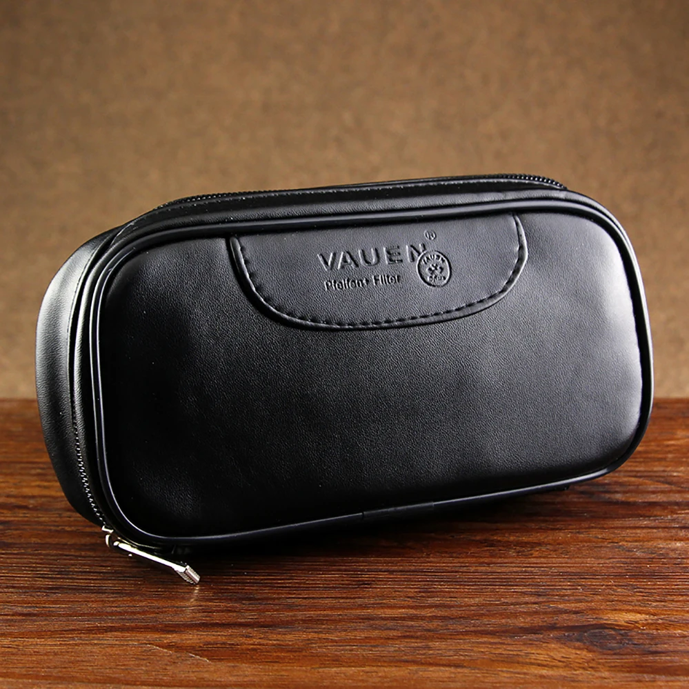 New Smooth Leather Bag for 2 Smoking Pipes Tobacco Bag Solid Black