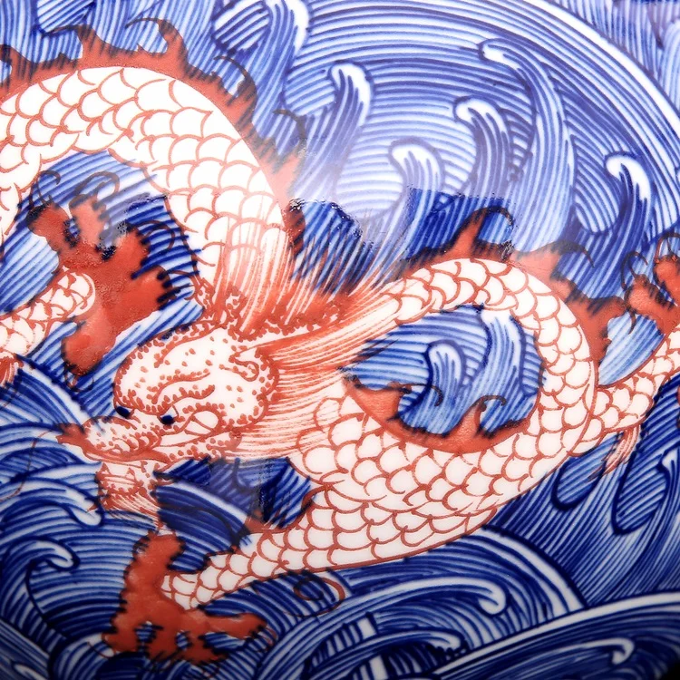 Цин цианлонг сине белая глазурь Красное море Пять драконов ваза тыква