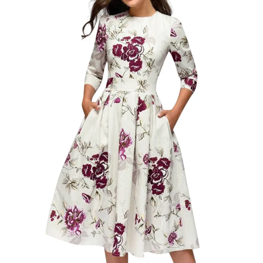 Женское летнее ТРАПЕЦИЕВИДНОЕ элегантное ТРАПЕЦИЕВИДНОЕ винтажное платье с цветочным принтом, Повседневные Вечерние платья sukienka letnia# G