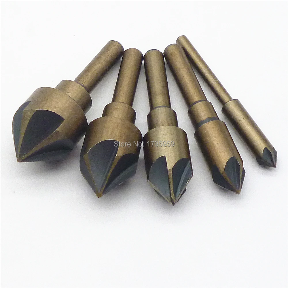5Pc HSS 5 Flute Reamer Chamfer Countersink Drill Set 1/4'' 3/8'' 1/2