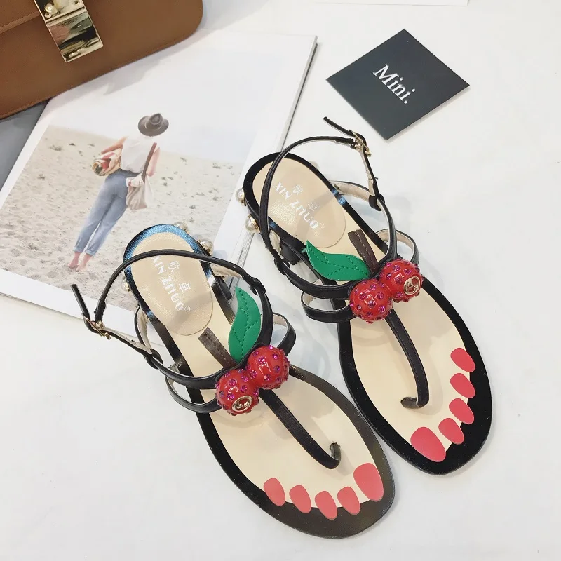 ФОТО 2017 Chiara Ferragni Leather Cherry Thong Women Sandal Slippers Slides Thick Glass Pearl Sandals Flat Low Heel Slingback Shoes