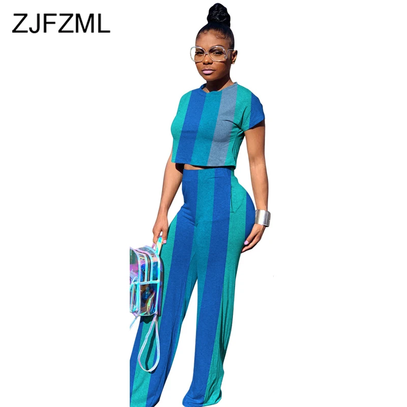 

Striped Sexy 2 Piece Outfits for Women O Neck Short Sleeve Slim Crop Tops and Causal Wide Leg Pants Summer Two Piece Tracksuit