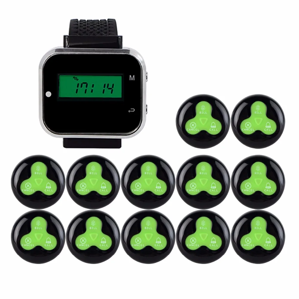 

433MHz Wireless Pager Calling System Restaurant Equipment For Factory Coffee Watch Wrist Receiver + 12pcs Call Button F3300A