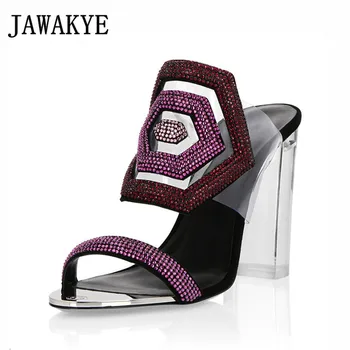 

Crystal Geometric Hexagon Sandals Women open toe High Heel slippers Transparent PVC Rhinestone Slingback shoes zapatos mujer