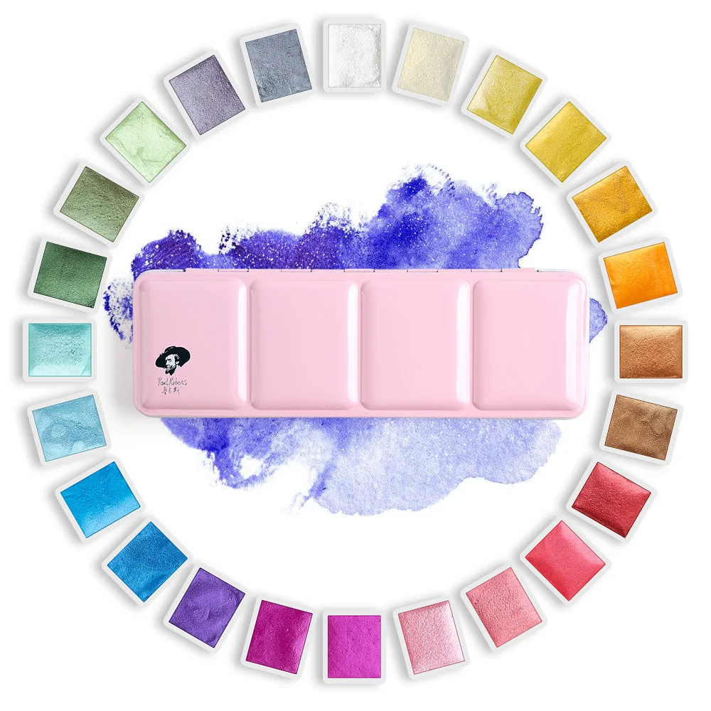 Koop Rubens 12 24 Kunstenaar Aquarel Schildert Effen Kleuren Roze Draagbare Metal Case Met Palet Glitter Aquarel Verf