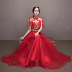 Красный невесты современный Cheongsam китайское традиционное платье свадебное Qipao Вышивка платья халат Chinoise Oriental Стиль вечернее платье