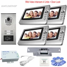 Rfid Access Doorphone With 7-inch Video Intercom Monitors 4 Units Video Door Phone With Camera + Electric Strike Lock Doorbell