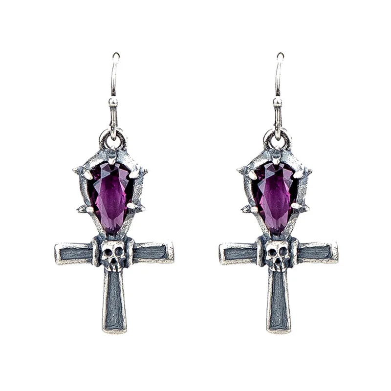 

UMGODLY Fashion Gothic Charm 925 Sterling Silver Earrings Cross Skull Purple Crystal Dangle Earring Vintage Women Jewelry Party