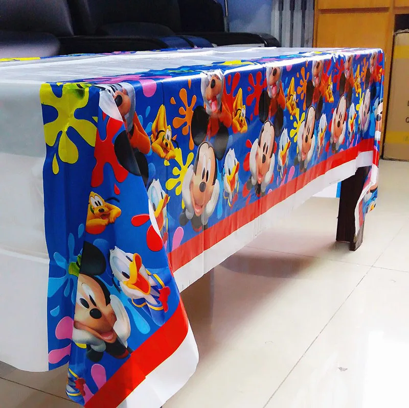 tablecloth Декоративные вилки Микки Маус на день рождения, ложки, ножи, чашки, тарелки, баннеры, шляпы, соломинки, вечерние принадлежности, набор украшений - Цвет: tablecloth