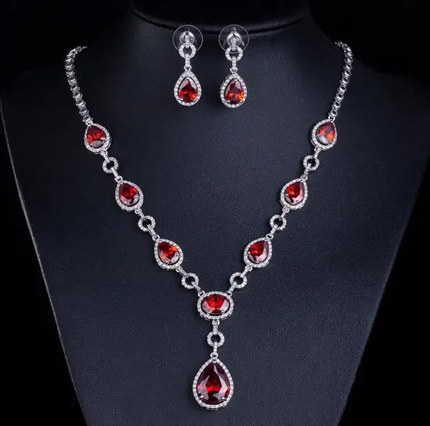 Vintage Joya Rubi Wedding Natural Red Stone Jewelry Sets Collier Rouge Bridal Big Indian White Gold Necklace Earrings Jewellery
