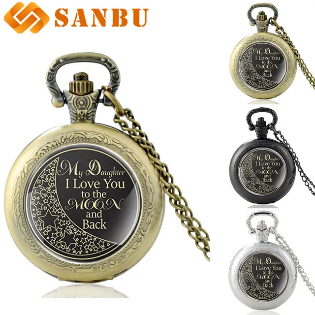 Fashion My Daughter L Love You to the Moon and Black Quartz Pocket Watch Vintage Fashion My Daughter L Love You to the Moon and Black Quartz Pocket Watch Vintage