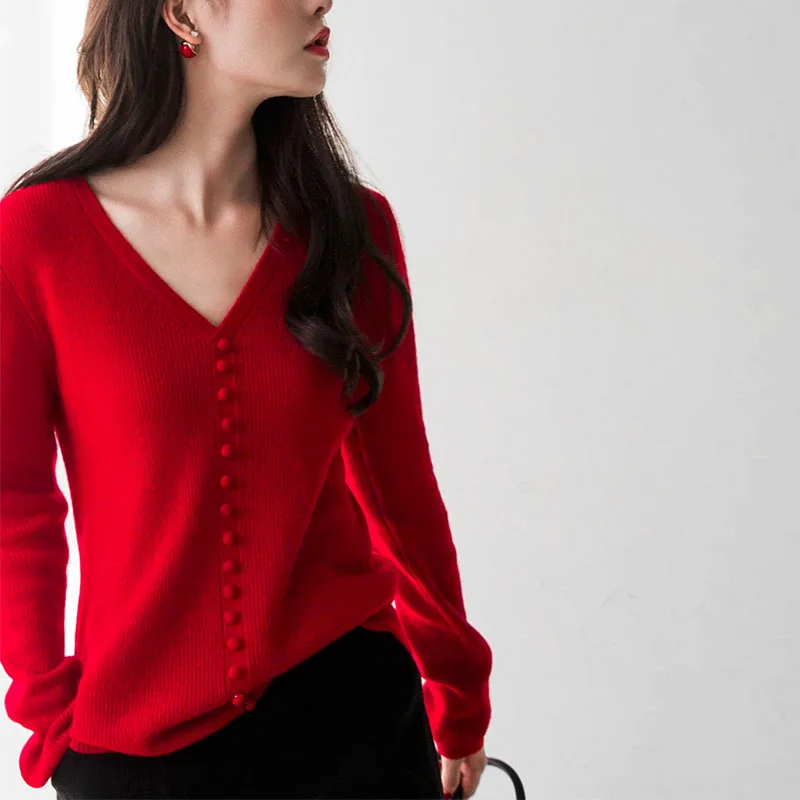 BELIARST2019 Весна и Осень женский свитер с v-образным вырезом модный свободный свитер с пряжкой длинный рукав красный свитер