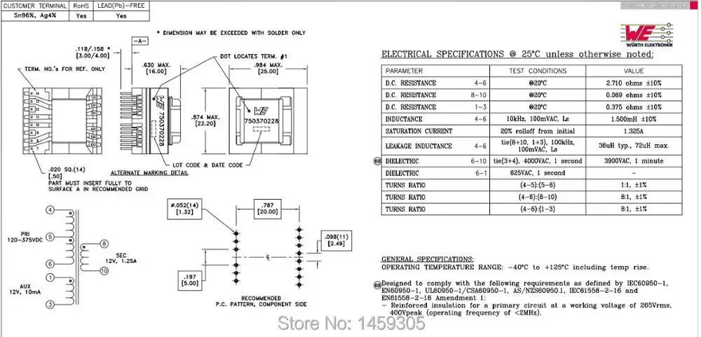 EF20 мы 750370228 трансформатор для STMicroelectronics VIPer35HD и VIPer35LD, 15 Вт, 12 В широкий диапазон изолированный flyback конвертер