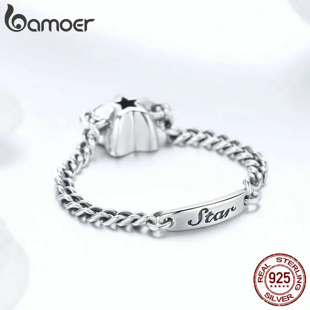 BAMOER Authentic 925 Sterling Silver Sparkling Star Finger Ring Link Chain Rings for Women Sterling Silver Jewelry anel SCR435