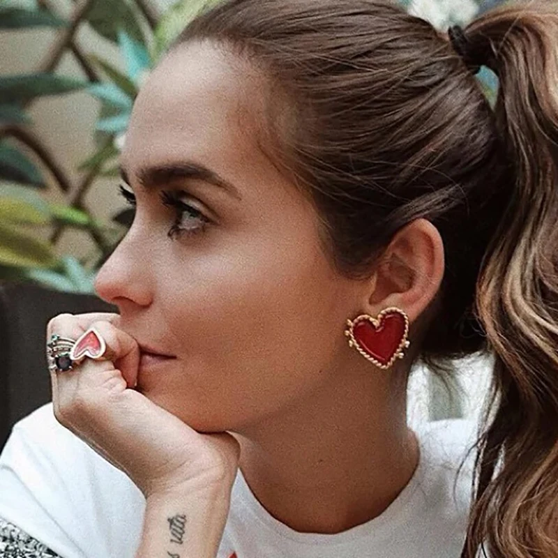 AENSOA Vintage Bohemia Big Red Heart Earrings For Women 2019 Fashion Girl Large Sweet Heart Statement Earrings Party Jewelry