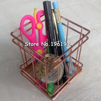 

1 Set Rose Gold Metal Pen Holder Box Case Desk Stationery Office School Desk Supplies New Design Party Candy Basket