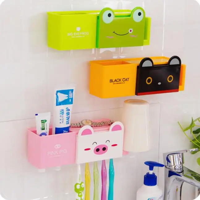 

Cartoon Toothbrush Holder Wash Set Wall Shelf Strong Suction Cup Toothpaste Rinsing Mug Storage Rack Bathroom Organizer