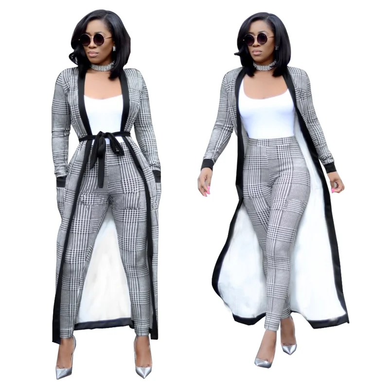 

2 Piece Pants Set 2018 Autumn Winter Plaid X-Long Jacket Trench + Pants Set Women Suits Lady Office Elegant Trench Workwear Coat