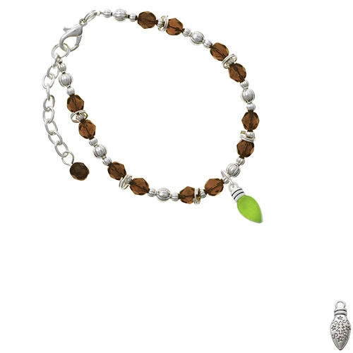 Silvertone Christmas Lights - Lime Green Resin Brown Beaded Bracelet