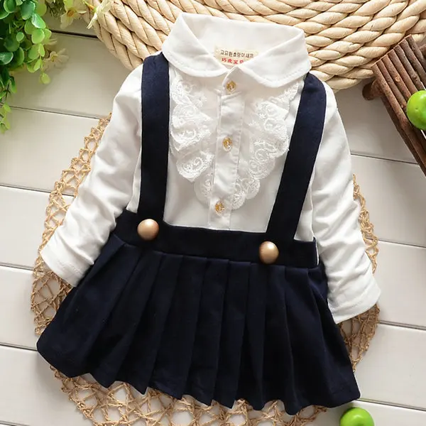 

New Children long sleeve dress Girls baby False two lace straps Dress Pleated dress 2colors Hot Sale New