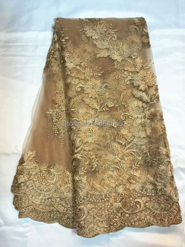 

Fashionable brown embroidered French net lace fabric African tulle flower mesh lace for dress QN26-2(5yards/pc)
