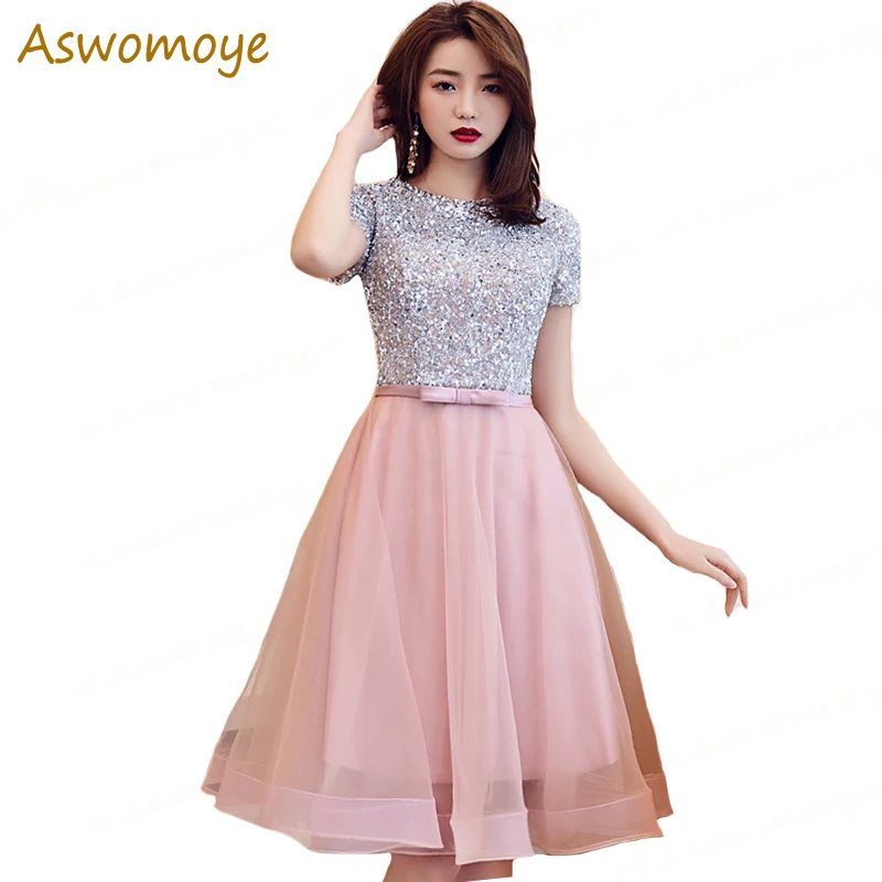 

Evening Dress 2019 Spring New Fashion Pink Short Elegant Banquet Party Dress Beading O-neck Short Sleeve Prom Dresses