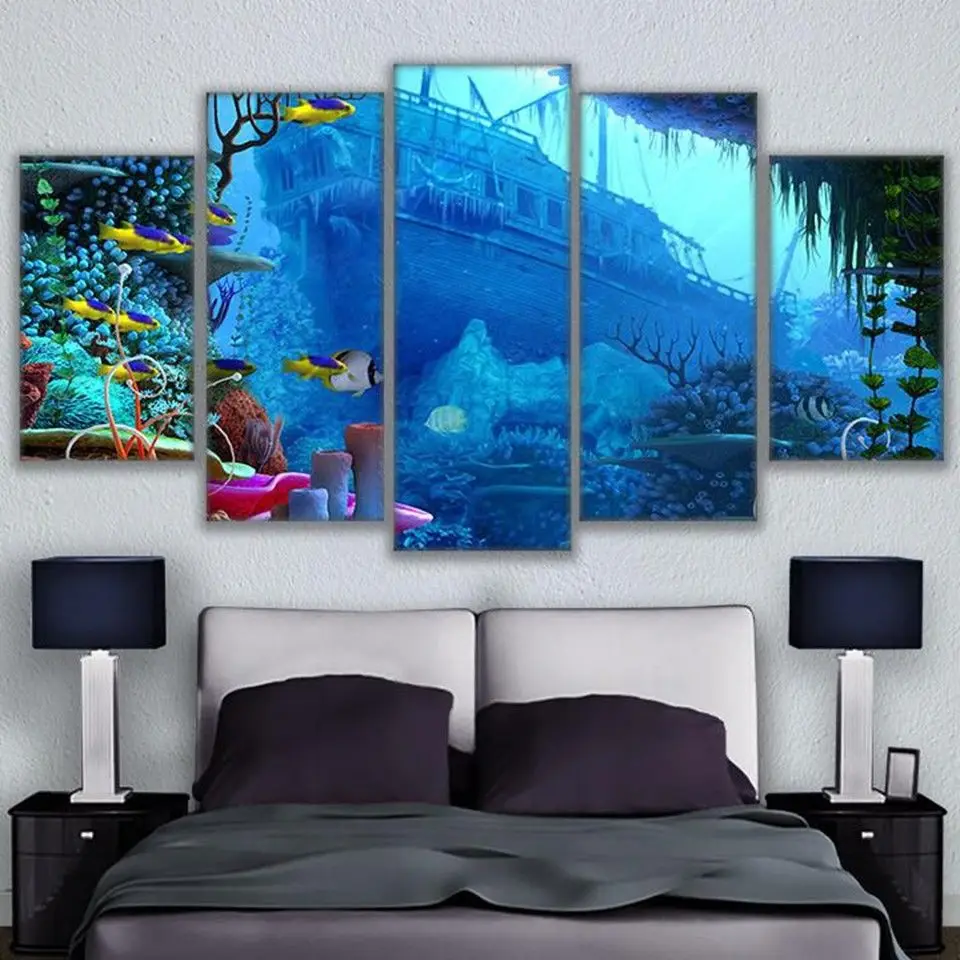 

Large Framed Original art print poster canvas Ocean Shipwreck Tropical Fish 5 pieces